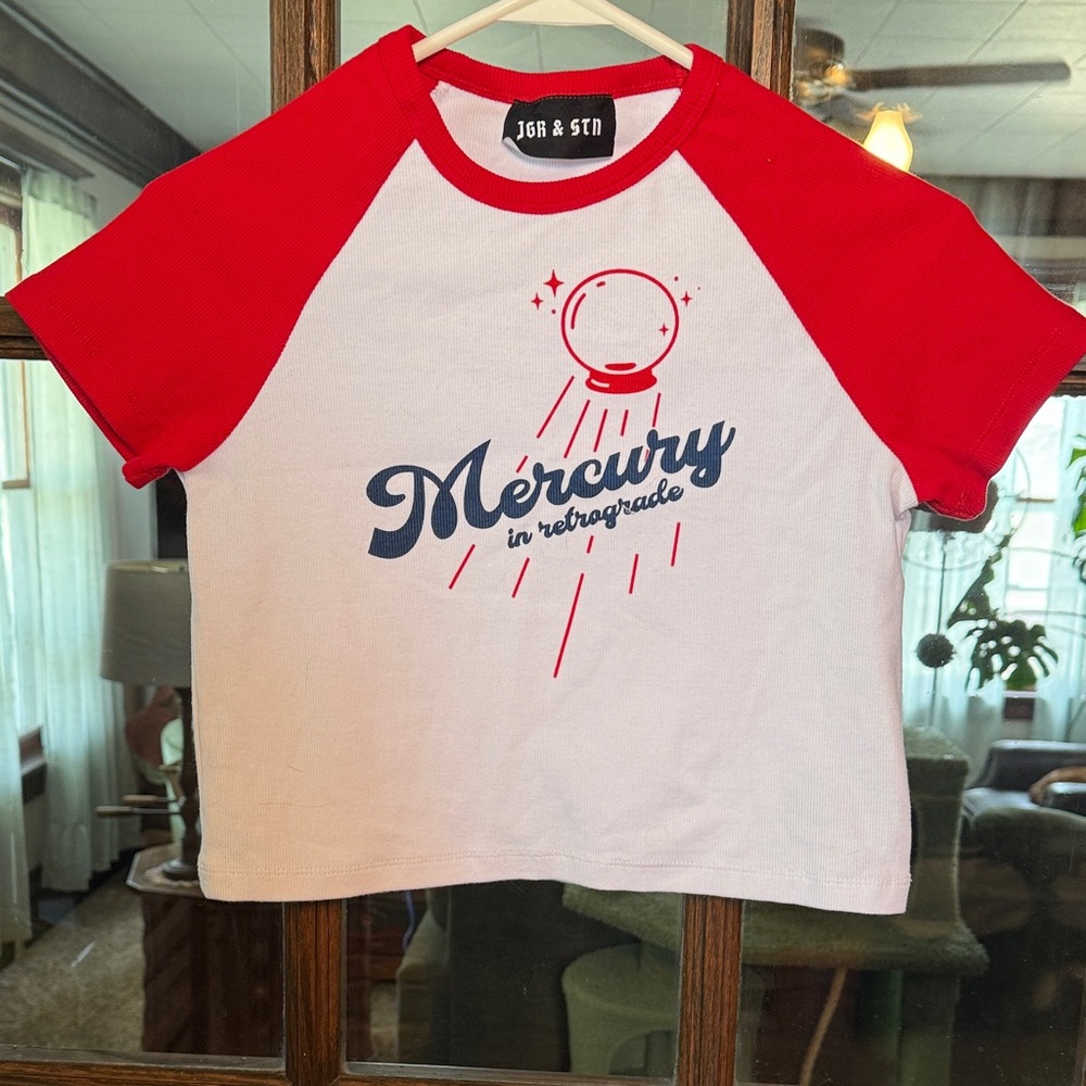 JGR‎ & STN Mercury in Retrograde Raglan Baby Tee Red White US 8 Ribbed Crop Top
